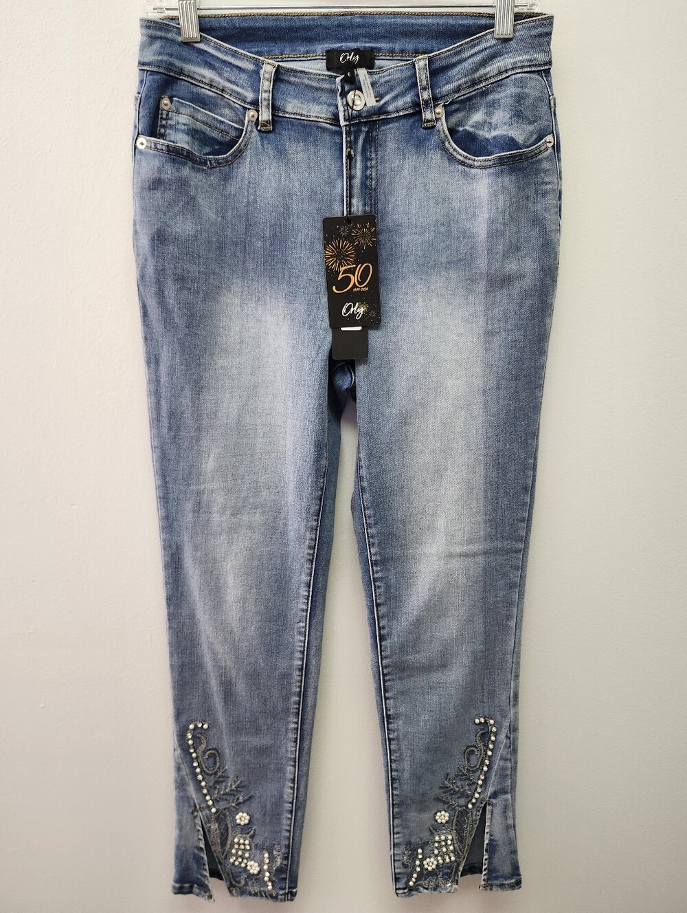 Orly Light Blue Embellished Cropped Jeans with Hem Details